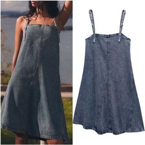 Zara Denim Suspender 100% Cotton Midi Dress